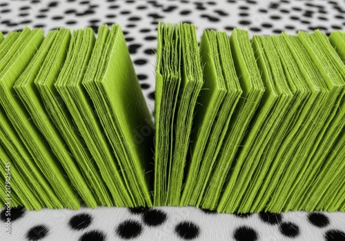 Stack of bright lime green square felt fabric pieces arranged in rows on a white background, with black polka, dot pattern
