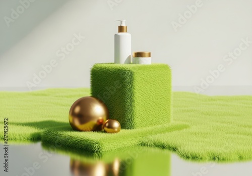 White cosmetic bottles with gold caps on a green grass-textured cube, featuring two gold spheres on a matching grassy surface