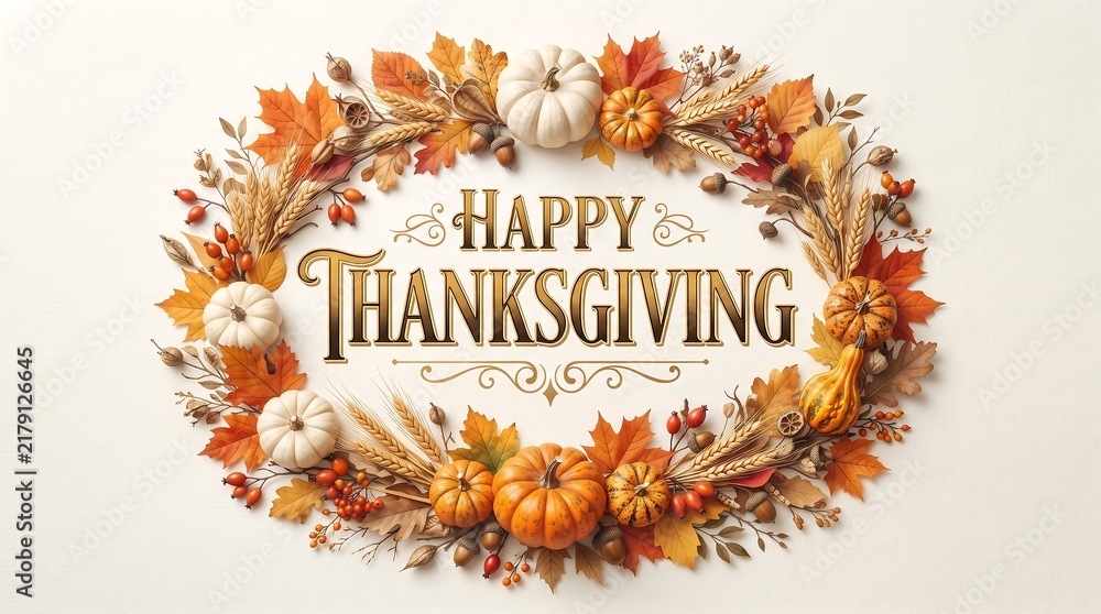 Fototapeta premium Happy thanksgiving greeting with autumn leaves and pumpkins isolated on transparent background
