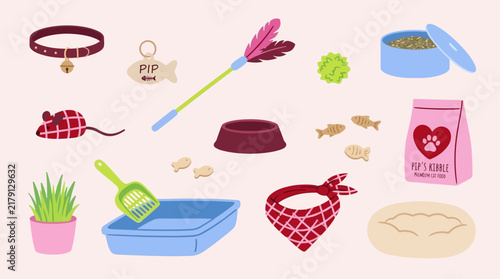 Hand Drawn Collection of Domestic Feline Pet Supplies and Accessories for Cat Care and Daily Grooming Needs