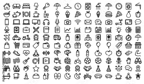 100 lifestyle outline icons bundle with home travel fitness shopping food and everyday activities