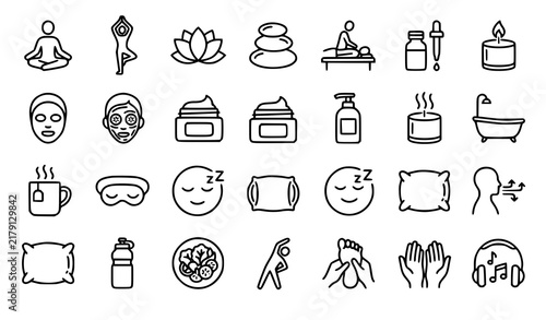 Wellness self care and relaxation outline icons set with spa meditation yoga and skincare symbols