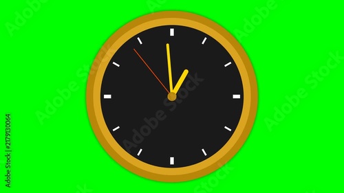 Minimalist Gold Framed Analog Wall Clock Face with Moving Hands Isolated on Green Screen Background for Video Editing