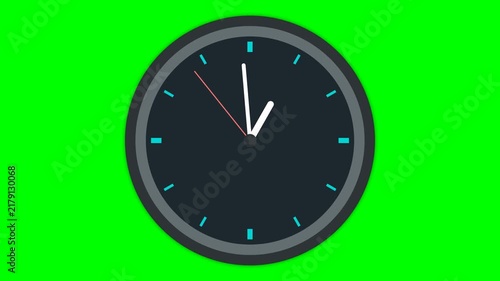 Minimalist Dark Analog Wall Clock Face with Moving Second Hand Isolated on Green Screen Background