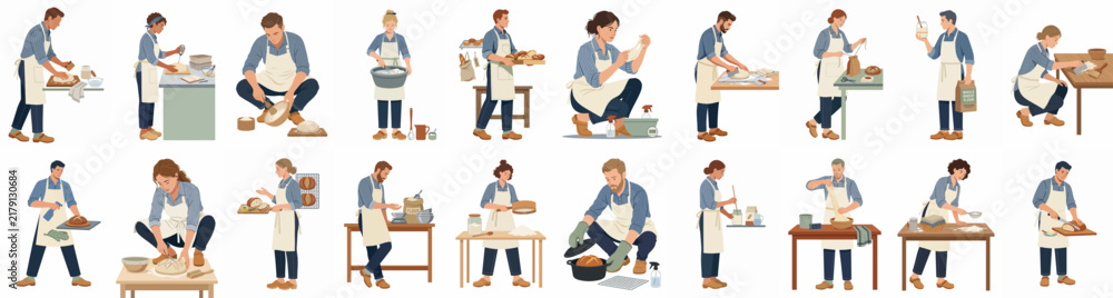 Fototapeta premium Set of diverse characters in aprons engaged in various cooking, baking, and food preparation activities, isolated on a white background.