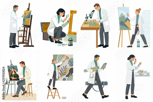 Set of vector illustrations depicting art restorers and conservators in white lab coats working on paintings and artifacts using specialized tools and equipment.