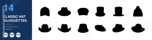 Classic Hat Silhouettes Set, Vector Icons, Fashion Design Elements. Outline and Fill Style, Minimalist Graphic Design