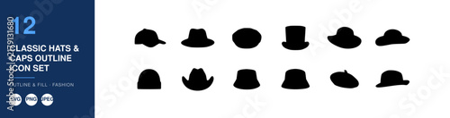 Classic Hats & Caps Outline Icon Set, Fashion Illustration, Design Elements, Vector Graphics