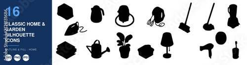 Classic Home & Garden Icons, Silhouette Design Set. Home Gardening Tools, Plants, and Outdoor Elements Illustration