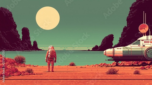 Lone retro astronaut watches futuristic rover beneath pale moon in wide red desert valley