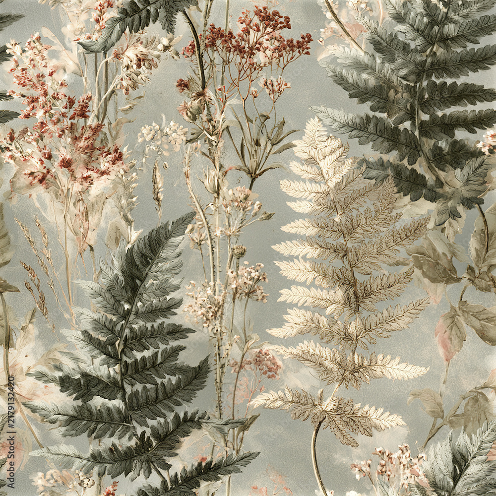 Obraz premium Vintage botanical line art elegant fern leaves and wild grasses create delicate and calming natural pattern with soft muted