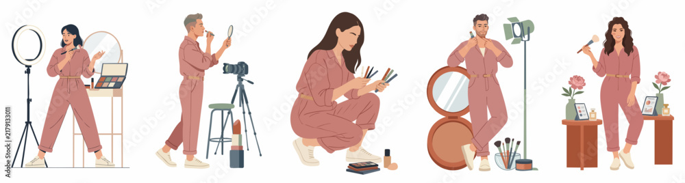 Fototapeta premium Flat Vector Illustrations of Male and Female Beauty Influencers and Makeup Artists Creating Content with Cameras, Ring Lights, and Professional Cosmetics.