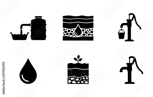 Water Resources Icons, Groundwater Icons, Water Pump Icons, Water Drop Icons, Vector Set for Hydrology and Conservation