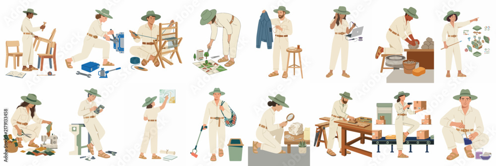 Obraz premium Diverse Collection of Archaeologists and Scientists Conducting Field Work and Lab Research in Flat Illustration Style
