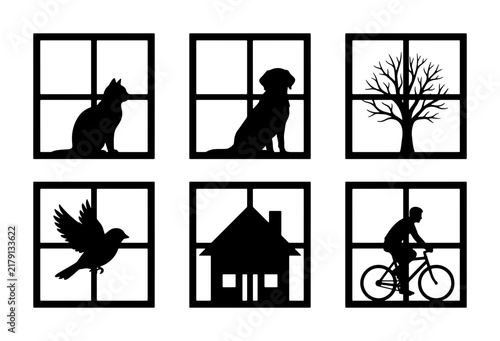 Silhouette Icons: Cat, Dog, Tree, Bird, House, Cyclist in Window Frames, Vector Graphics for Home, Pet, Nature, and Lifestyle Concepts