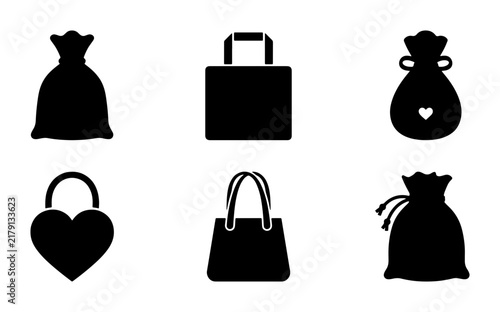 Vector Icons: Shopping Bags, Gift Pouches, and Heart Purse Set, Black Silhouettes for Commerce and Celebration
