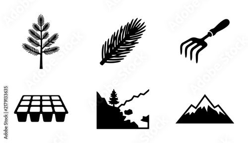 Nature and Gardening Icons: Pine Branch, Fern Leaf, Mountain Landscape, Seedling Tray, Garden Rake, Mountain Peaks Vector Set