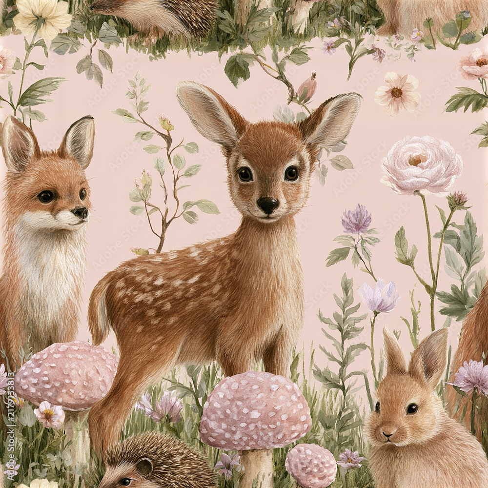 Obraz premium Cute forest animals with deer, fox, rabbit, and hedgehog surrounded by flowers and mushrooms in soft pastel colors