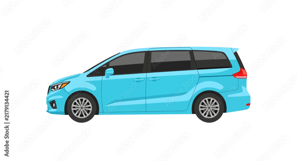 Fototapeta premium Side view of a light blue modern minivan on a clean white background, perfect for family travel and daily commutes.