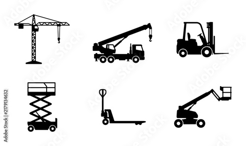 Construction Equipment Icons Set: Crane, Truck Crane, Forklift, Scissor Lift, Pallet Jack, Aerial Platform, Industrial Machinery Vector Graphics