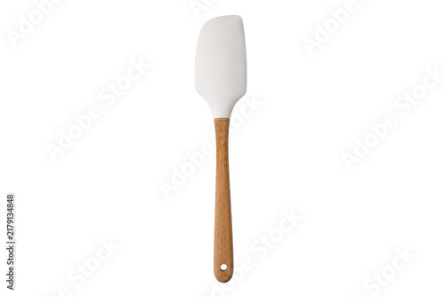 Fotografía Single white silicone spatula with a natural wooden handle is positioned vertica