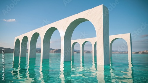 Surreal marble arches in calm turquoise water with soft pastel sky landscape