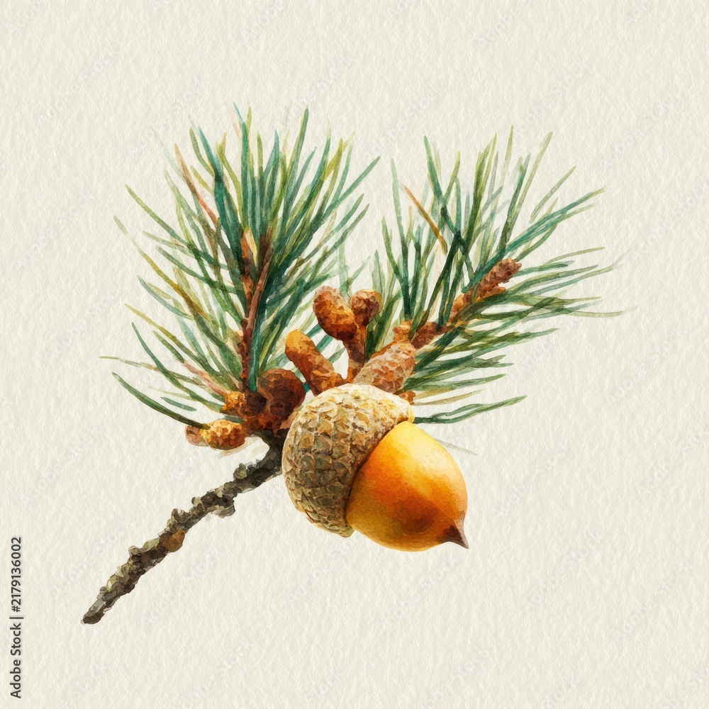 Obraz premium Acorn branch watercolor illustration.