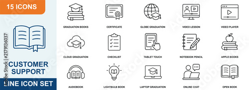 Fifteen customer support line icons depicting education communication and learning resources graduation assistance technology online