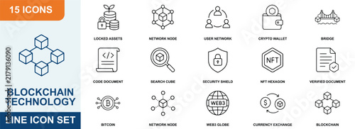 Blockchain technology line icon set depicting digital assets networks and security concepts cryptocurrency digitalasset networknode