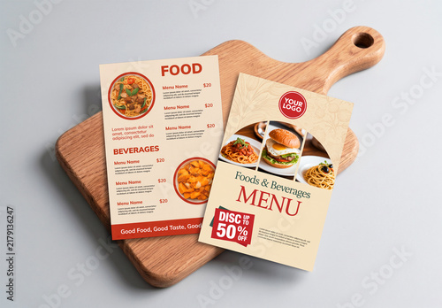 Food Menu Flyer Mockup on Wooden Board