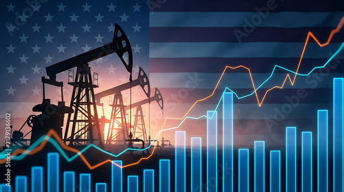Us oil production and petroleum market analytics featuring pumpjacks and financial charts