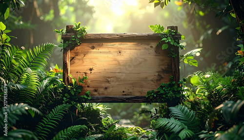Wooden signboard with blank centre surrounded by green foliage and recycled kraft elements generative AI