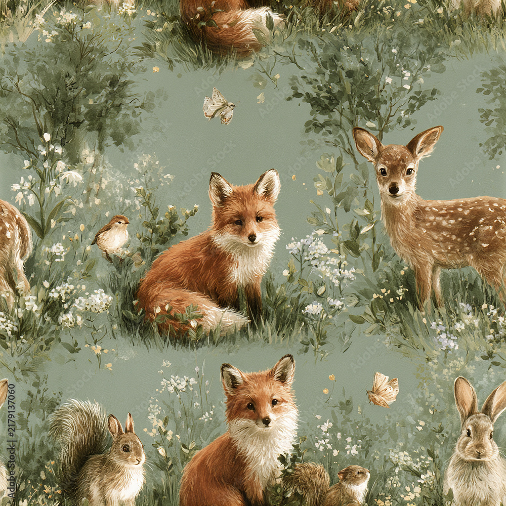 Fototapeta premium Fox deer squirrel rabbit bird butterfly woodland pattern with soft green background and delicate flowers