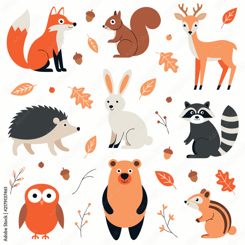 Naklejka premium Cute Autumn Woodland Animals Icon Set