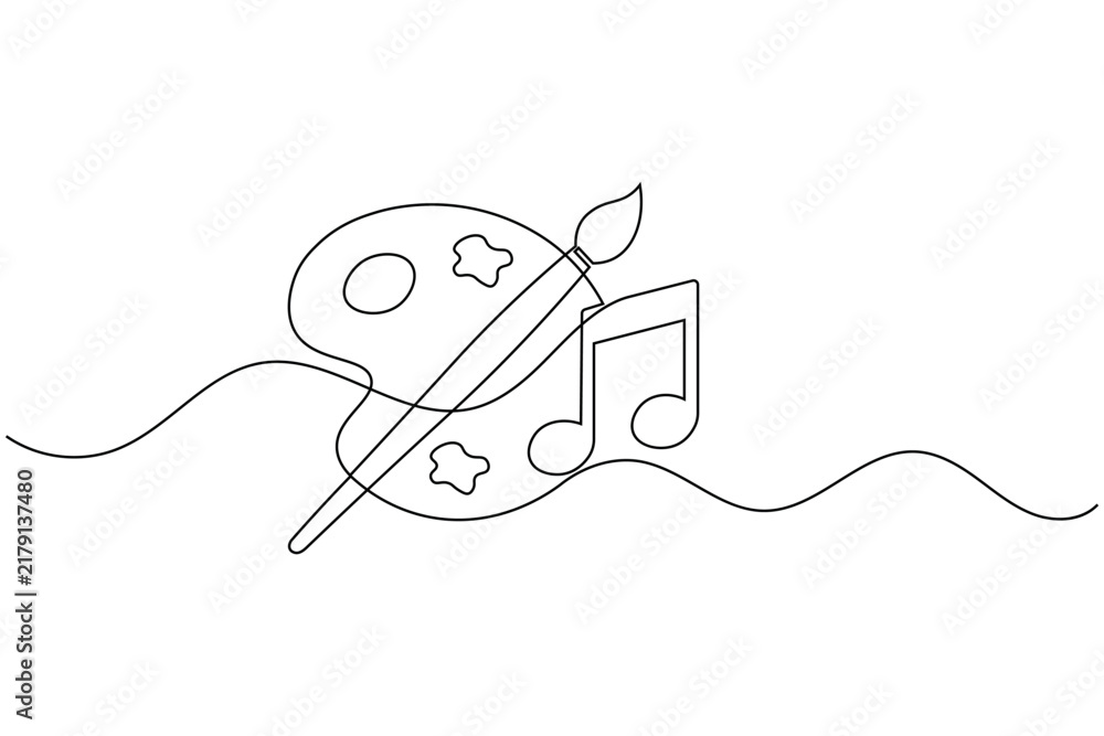 Obraz premium Paint palette music note brush continuous one line drawing minimalist creative harmony concept vector illustration