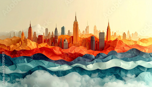City skyline built from layered paper planes standing one behind other in flatter tones with low mist between in surreal collage generative AI