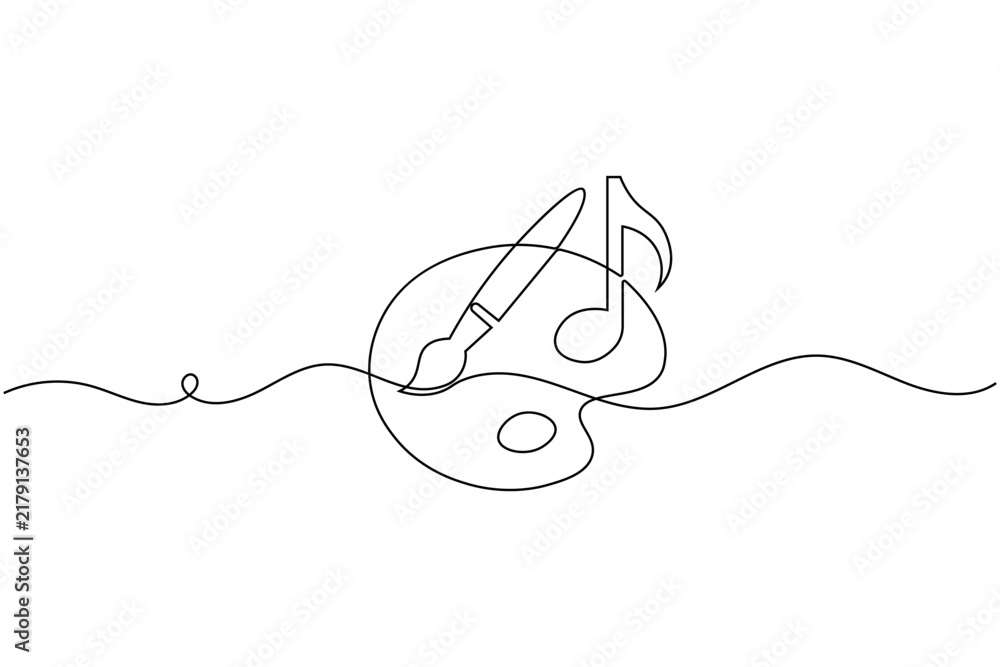 Obraz premium Paint palette brush music note continuous one line drawing minimal creative sketch vector illustration