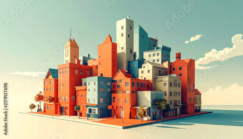 Whole city block folded flat like origami standing upright on plain with streets and roofs creased into sharp planes and one corner unfolding generative AI