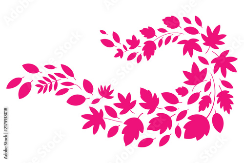 Abstract floral swirl ornament featuring vibrant pink leaves for artistic seasonal decorations and graphic design elements