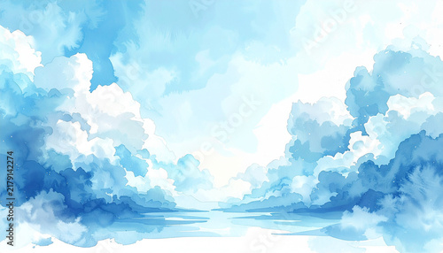 Soft light blue watercolour clouds with bleeding edges on white paper in calm fresh texture generative AI