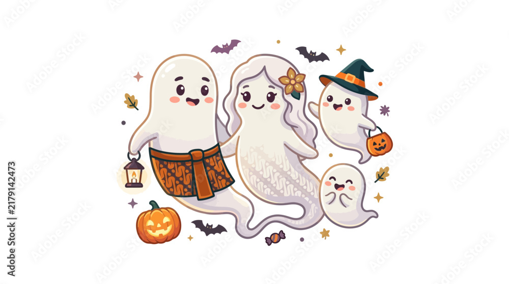 Naklejka premium Group of cute Halloween ghosts with pumpkin lantern