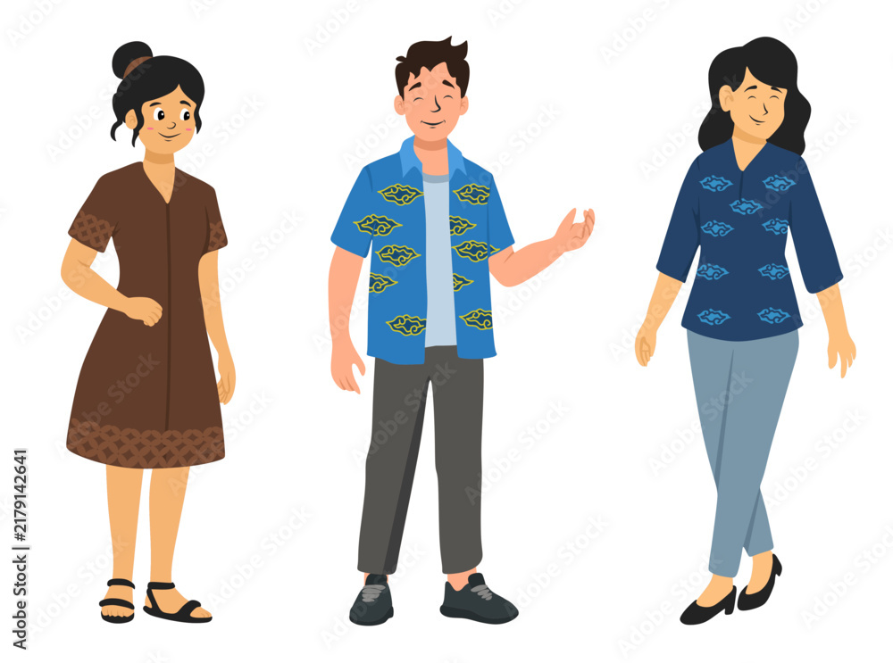 Obraz premium Set of young Indonesian men and women wearing modern casual batik patterned dresses and shirts in standing poses.