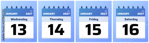 Bild auf Leinwand January 13 to 16 2027 daily calendar set showing four weekday layouts with bold