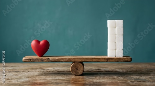Red heart and stack of sugar cubes balancing on a wooden seesaw with comparison