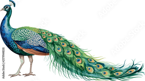 Elegant Indian peafowl vector illustration featuring a beautiful side view peacock with a long colorful feather train isolated on a clean white background.