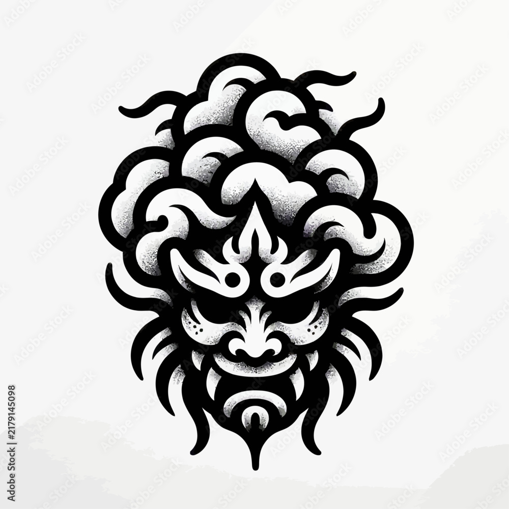 Fototapeta premium A striking black and white illustration of a Japanese Oni mask with swirling cloud-like elements.