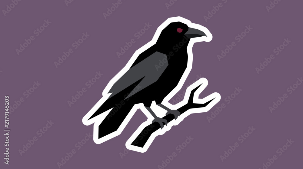 Fototapeta premium Spooky black raven on branch in geometric flat style for sticker sets