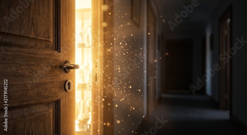 Wooden door opening to a brightly lit room filled with golden trophies and magical dust