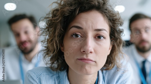 A woman with curly hair looking directly at the camera with a serious expression, while two men in the background appear to be joking or looking bored. The woman is wearing a light blue shirt