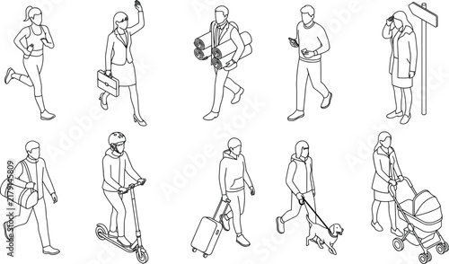 Isometric Line Art People Set Featuring Walking Pedestrians, Commuters, Business Professionals, Runner, and Urban Life Character Vectors